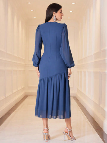 Modely Women's Wrap Neck Lantern Sleeve Dress With Ruffled Hem