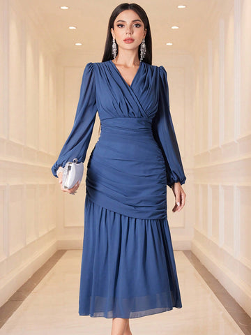Modely Women's Wrap Neck Lantern Sleeve Dress With Ruffled Hem