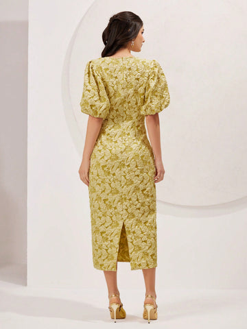 Women's Yellow Puff Sleeve Round Neck Dress