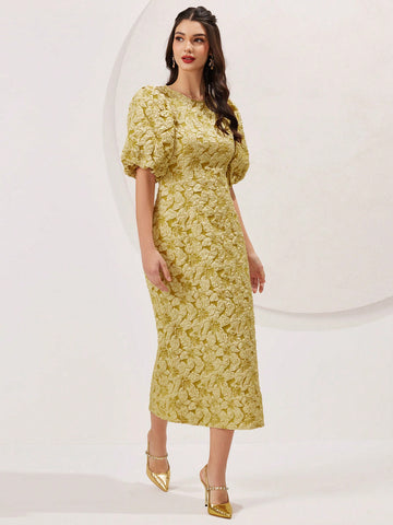 Women's Yellow Puff Sleeve Round Neck Dress