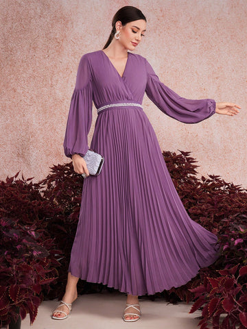 Wrap-Neckline Lantern Sleeve Dress With Pleated Hem