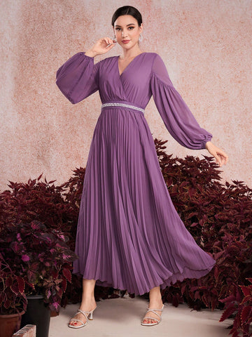 Wrap-Neckline Lantern Sleeve Dress With Pleated Hem