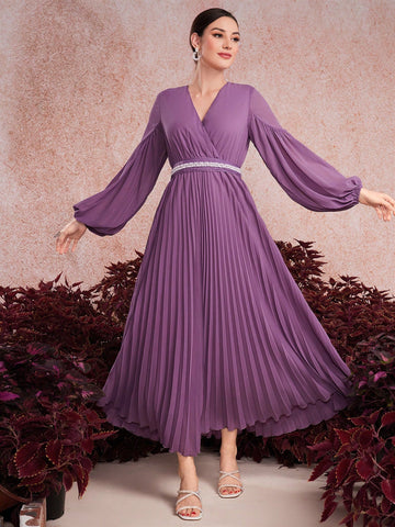 Wrap-Neckline Lantern Sleeve Dress With Pleated Hem