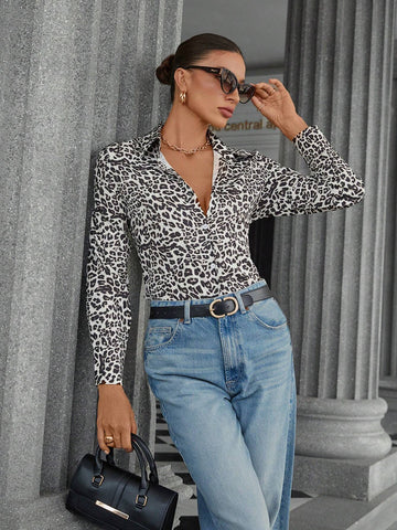 Modichic 1pc High-End Fashionable Leopard Print Elegant Blouse For Women