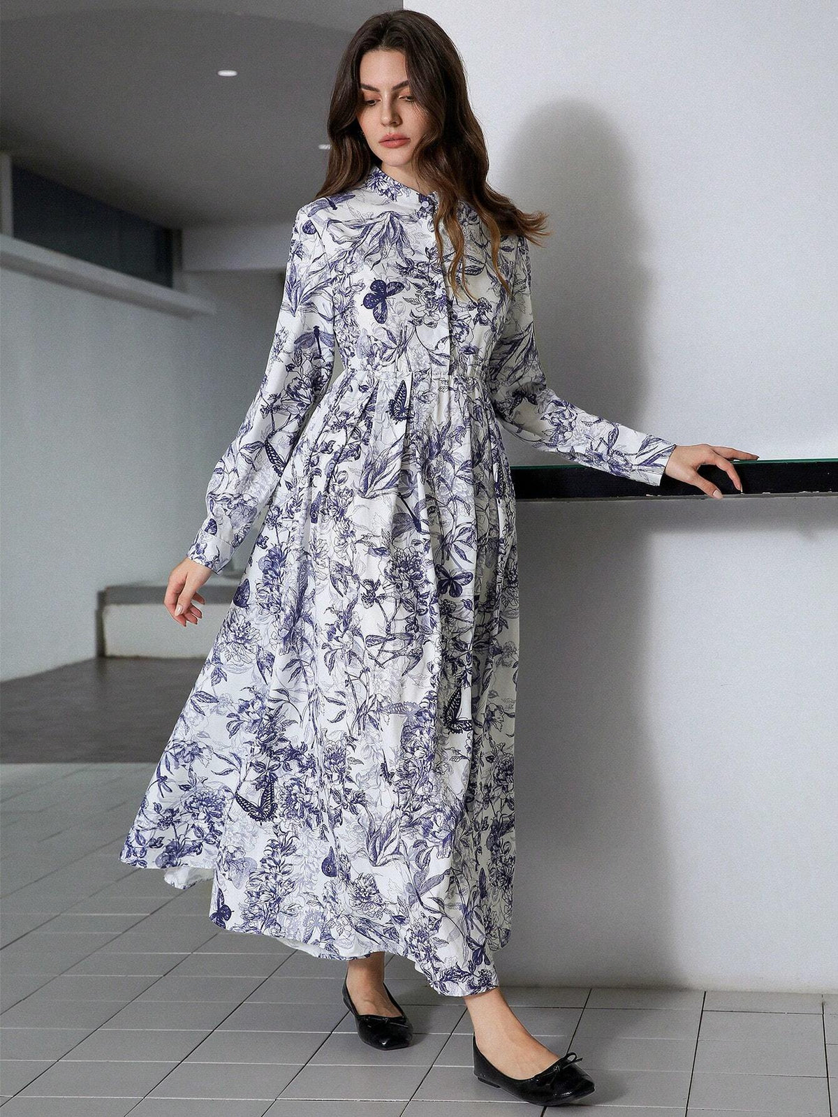 1pc Random Floral Print Button-Up Long Sleeve Pleated A-Line Dress For Women
