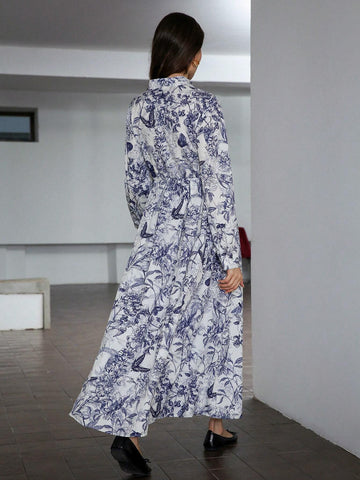 1pc Random Floral Print Button-Up Long Sleeve Pleated A-Line Dress For Women