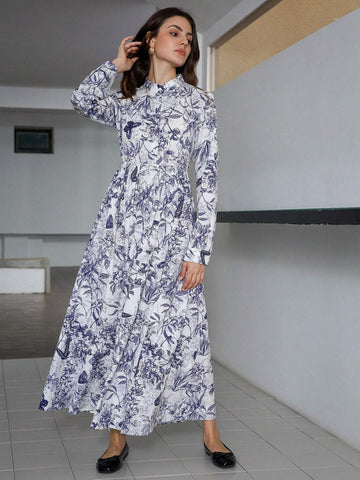1pc Random Floral Print Button-Up Long Sleeve Pleated A-Line Dress For Women