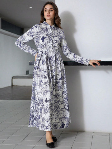 1pc Random Floral Print Button-Up Long Sleeve Pleated A-Line Dress For Women