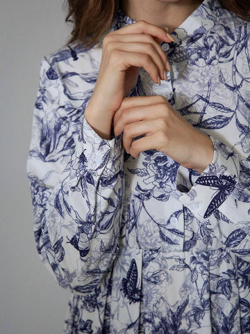 1pc Random Floral Print Button-Up Long Sleeve Pleated A-Line Dress For Women