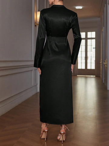 1pc Women Solid Textured Poly-Blend Henley Collar Long Sleeve Open Slit Hem Dress