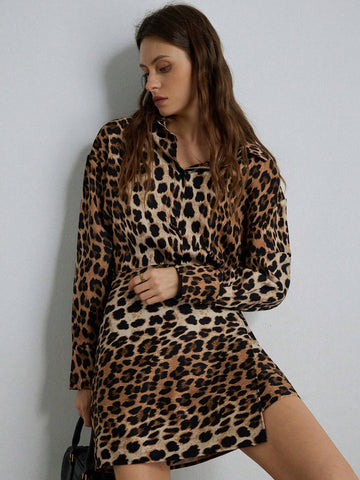 1pc Women Vintage Leopard Print Asymmetric Hem Wrap Dress, Elegant & Stylish For