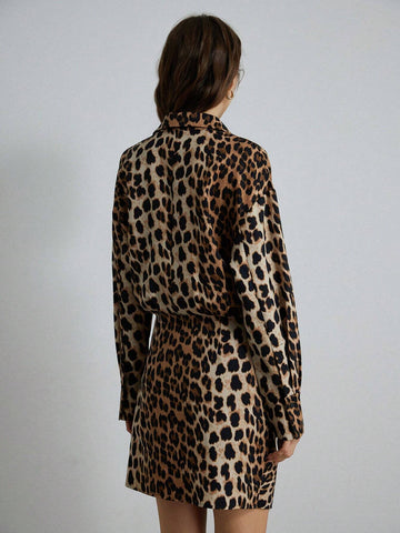 1pc Women Vintage Leopard Print Asymmetric Hem Wrap Dress, Elegant & Stylish For