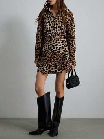 1pc Women Vintage Leopard Print Asymmetric Hem Wrap Dress, Elegant & Stylish For