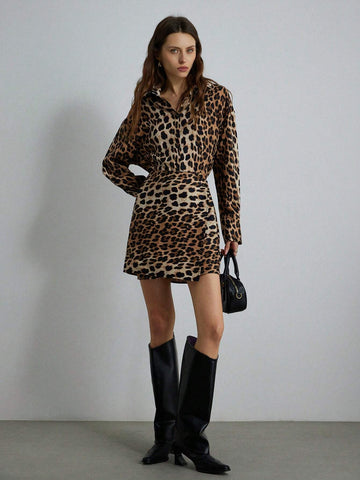 1pc Women Vintage Leopard Print Asymmetric Hem Wrap Dress, Elegant & Stylish For