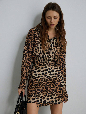 1pc Women Vintage Leopard Print Asymmetric Hem Wrap Dress, Elegant & Stylish For