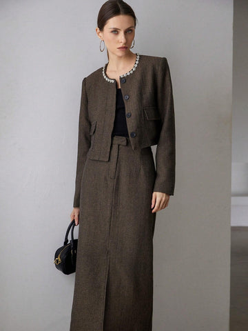 2pcs Women's Elegant Woolen Jeweled Long Skirt Set