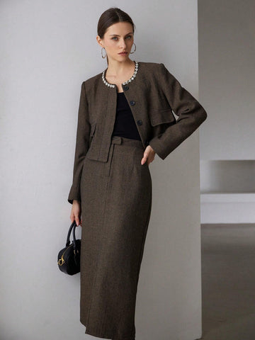 2pcs Women's Elegant Woolen Jeweled Long Skirt Set