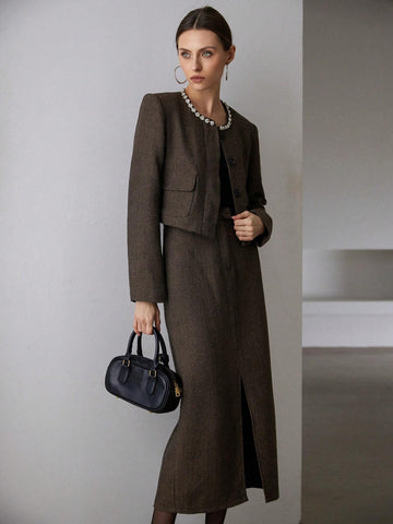 2pcs Women's Elegant Woolen Jeweled Long Skirt Set