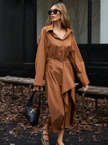 Autumn French Retro Curve Waistline Shirtwaist Dress For Women