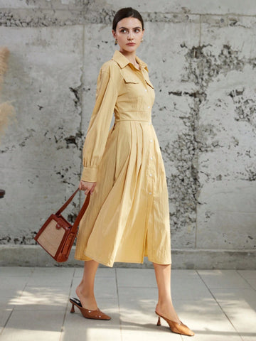 Autumn French Vintage Single-Breasted Curved Waist Shirtdress With Extra-Long A-Line Skirt For