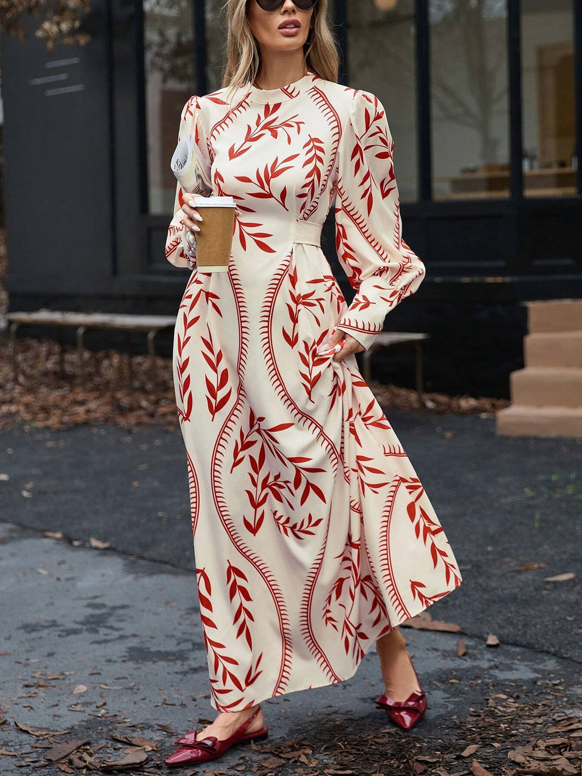 Boho Wind Stand Collar Cinched Waist Slim Fit Random Print Dress For Women, Casual, Autumn