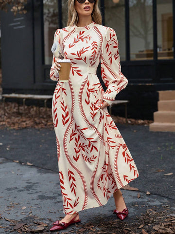 Boho Wind Stand Collar Cinched Waist Slim Fit Random Print Dress For Women, Casual, Autumn