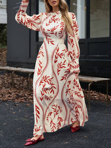 Boho Wind Stand Collar Cinched Waist Slim Fit Random Print Dress For Women, Casual, Autumn