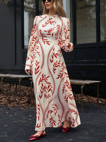 Boho Wind Stand Collar Cinched Waist Slim Fit Random Print Dress For Women, Casual, Autumn