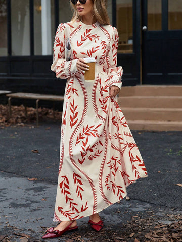 Boho Wind Stand Collar Cinched Waist Slim Fit Random Print Dress For Women, Casual, Autumn