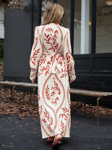 Boho Wind Stand Collar Cinched Waist Slim Fit Random Print Dress For Women, Casual, Autumn