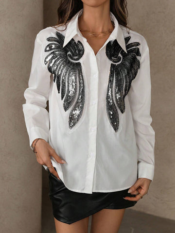 Modichic Casual Angel Wing Beaded Pearl Embellished Long Sleeve Shirt