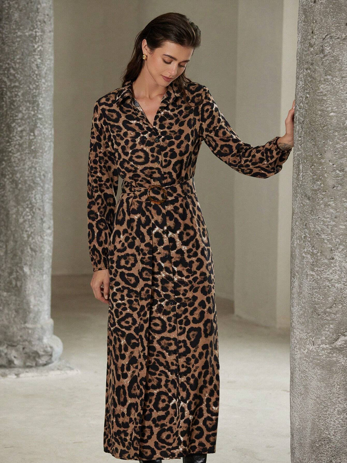 Classic Fashionable Leopard Print Vintage Style Waist Belt Waist Design Slimming Long Sleeve Shir