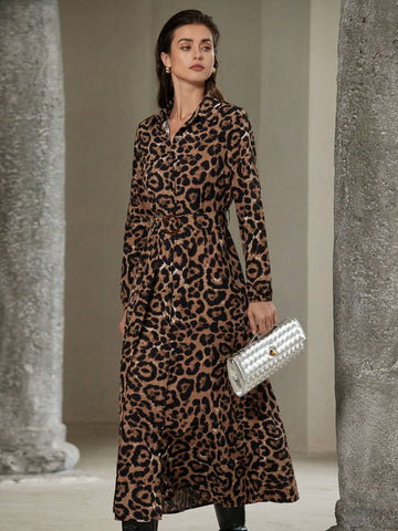 Classic Fashionable Leopard Print Vintage Style Waist Belt Waist Design Slimming Long Sleeve Shir