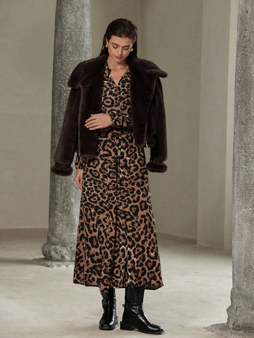 Classic Fashionable Leopard Print Vintage Style Waist Belt Waist Design Slimming Long Sleeve Shir