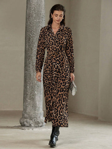 Classic Fashionable Leopard Print Vintage Style Waist Belt Waist Design Slimming Long Sleeve Shir
