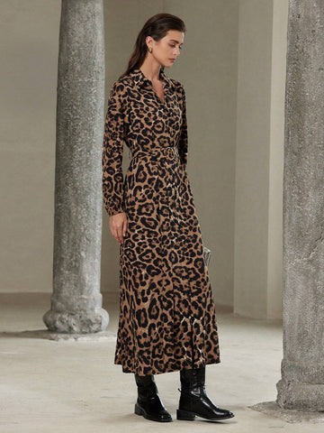 Classic Fashionable Leopard Print Vintage Style Waist Belt Waist Design Slimming Long Sleeve Shir