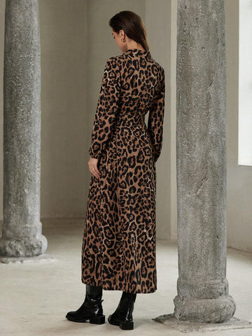 Classic Fashionable Leopard Print Vintage Style Waist Belt Waist Design Slimming Long Sleeve Shir