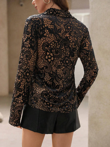 Modichic Colorblock Velvet Jacquard Ruched Waist Shirt Collar Long Sleeve Blouse For Women