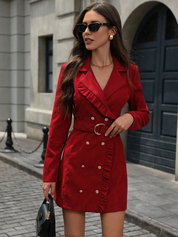 Commuting Stylish Ruffled Lapel Double Button Cinched Waist A-Line Mini Dress