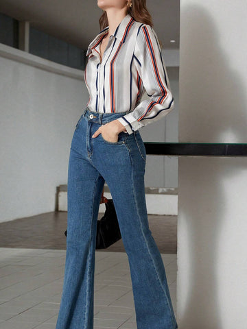 Modichic Commuting Versatile Business Workwear Contrast Striped Collared Button-Up Long Sleeve Shirt