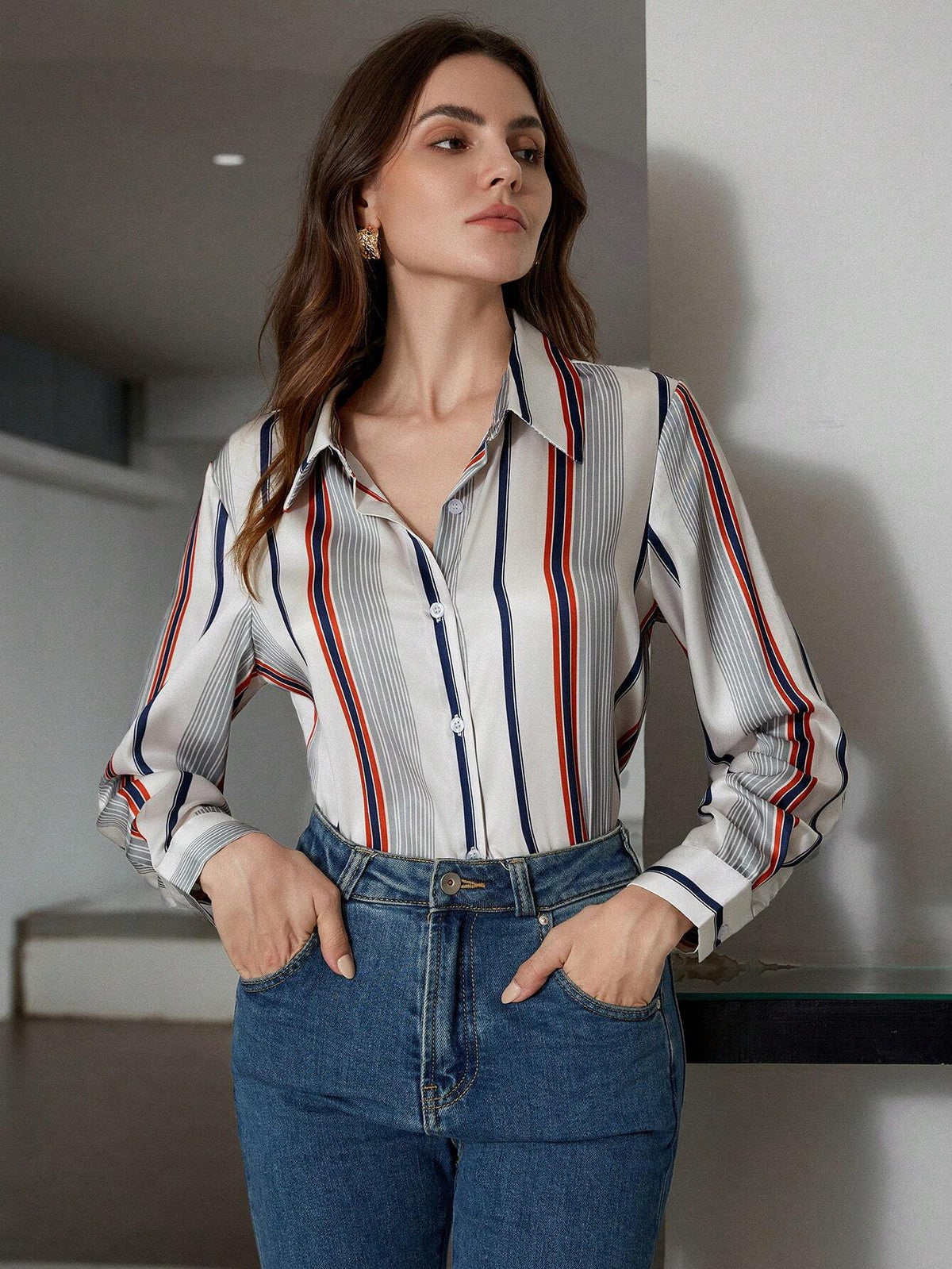 Modichic Commuting Versatile Business Workwear Contrast Striped Collared Button-Up Long Sleeve Shirt