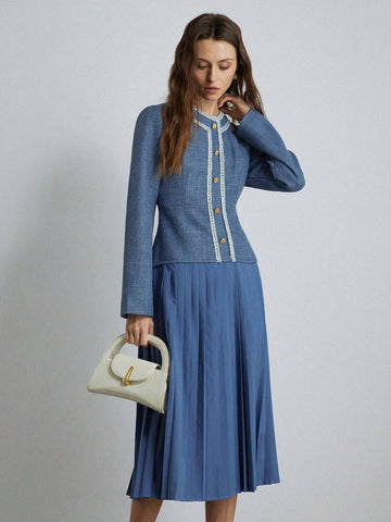 Elegant Colorblock Tweed Ruffle Patchwork Pleated Waist Round Neck Long Sleeve Women Dress