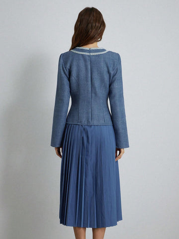 Elegant Colorblock Tweed Ruffle Patchwork Pleated Waist Round Neck Long Sleeve Women Dress