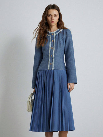 Elegant Colorblock Tweed Ruffle Patchwork Pleated Waist Round Neck Long Sleeve Women Dress