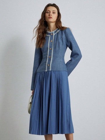Elegant Colorblock Tweed Ruffle Patchwork Pleated Waist Round Neck Long Sleeve Women Dress