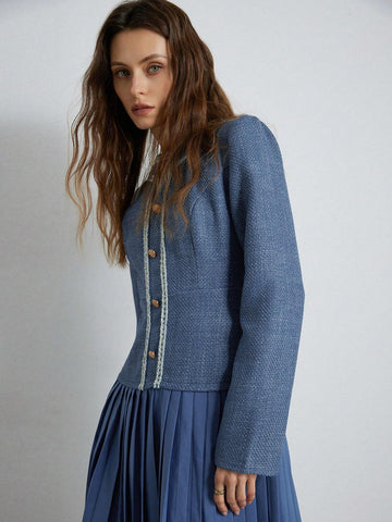 Elegant Colorblock Tweed Ruffle Patchwork Pleated Waist Round Neck Long Sleeve Women Dress