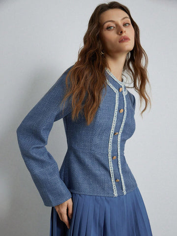 Elegant Colorblock Tweed Ruffle Patchwork Pleated Waist Round Neck Long Sleeve Women Dress