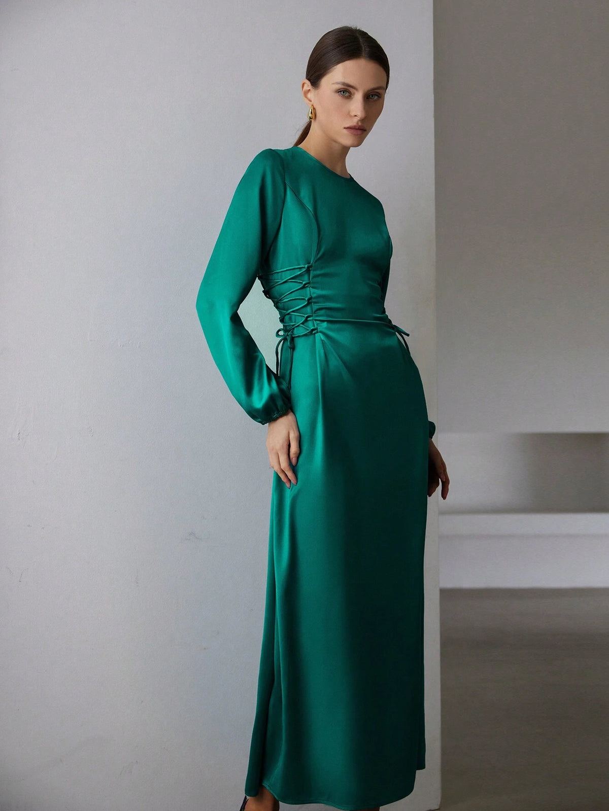 Elegant Commuting Design Collar Tie Waist Acetate Satin Long Sleeve Puff Sleeve Midi Dress