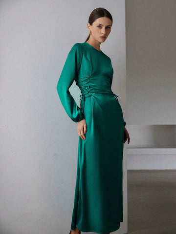 Elegant Commuting Design Collar Tie Waist Acetate Satin Long Sleeve Puff Sleeve Midi Dress