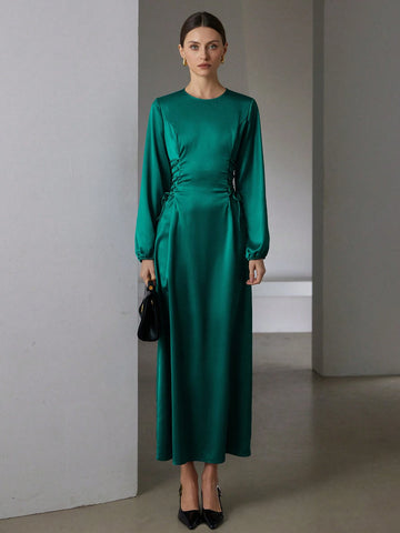 Elegant Commuting Design Collar Tie Waist Acetate Satin Long Sleeve Puff Sleeve Midi Dress